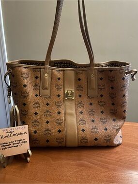 MCM Liz Shopper Cognac Visetos Canvas Reversible Logo Tote with Leather Trim